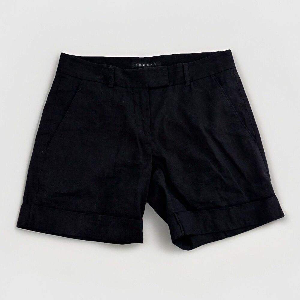 Theory Shorts Womens Size 00 Black Linen Blend  Neutral Quiet Luxury